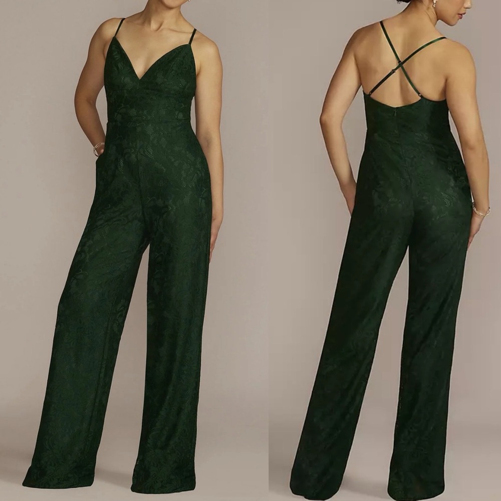 DB Studio Emerald Green Allover Lace V-Neck Jumpsuit David’s Bridal Size 10